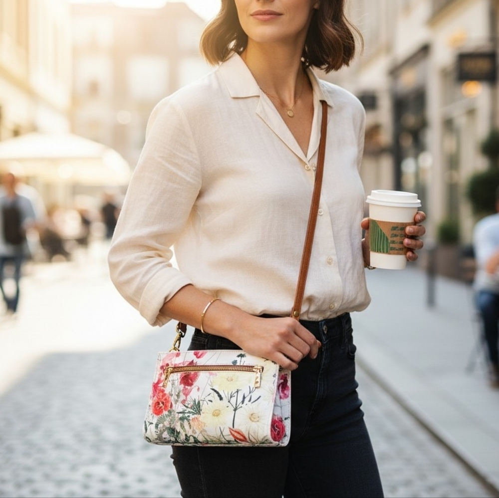 Valentina Floral Print Shoulder/Crossbody Bag with Brown /Dark Tan Strap - Picture 3 of 12